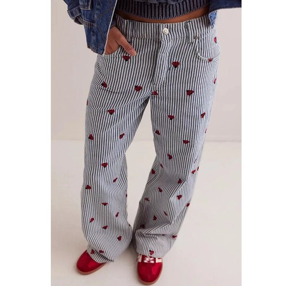 Free People Striped Straight Leg Pants - Blue and Red - Picture 1 of 10